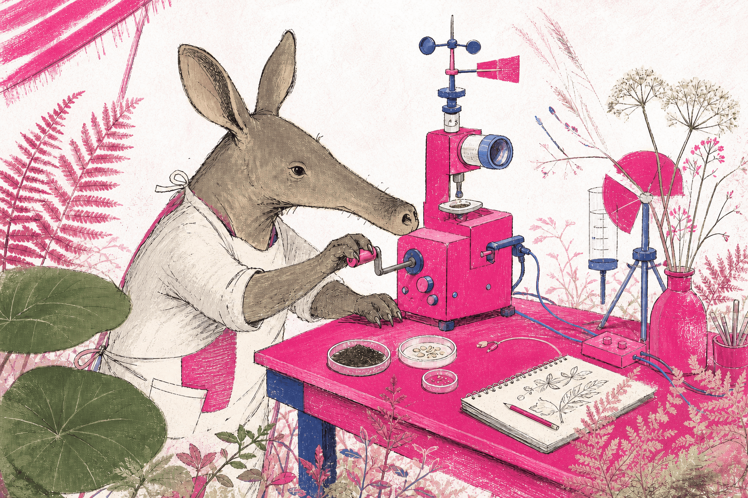 An illustrated aardvark inventor tests a vivid pink and cobalt field instrument in a bright botanical laboratory